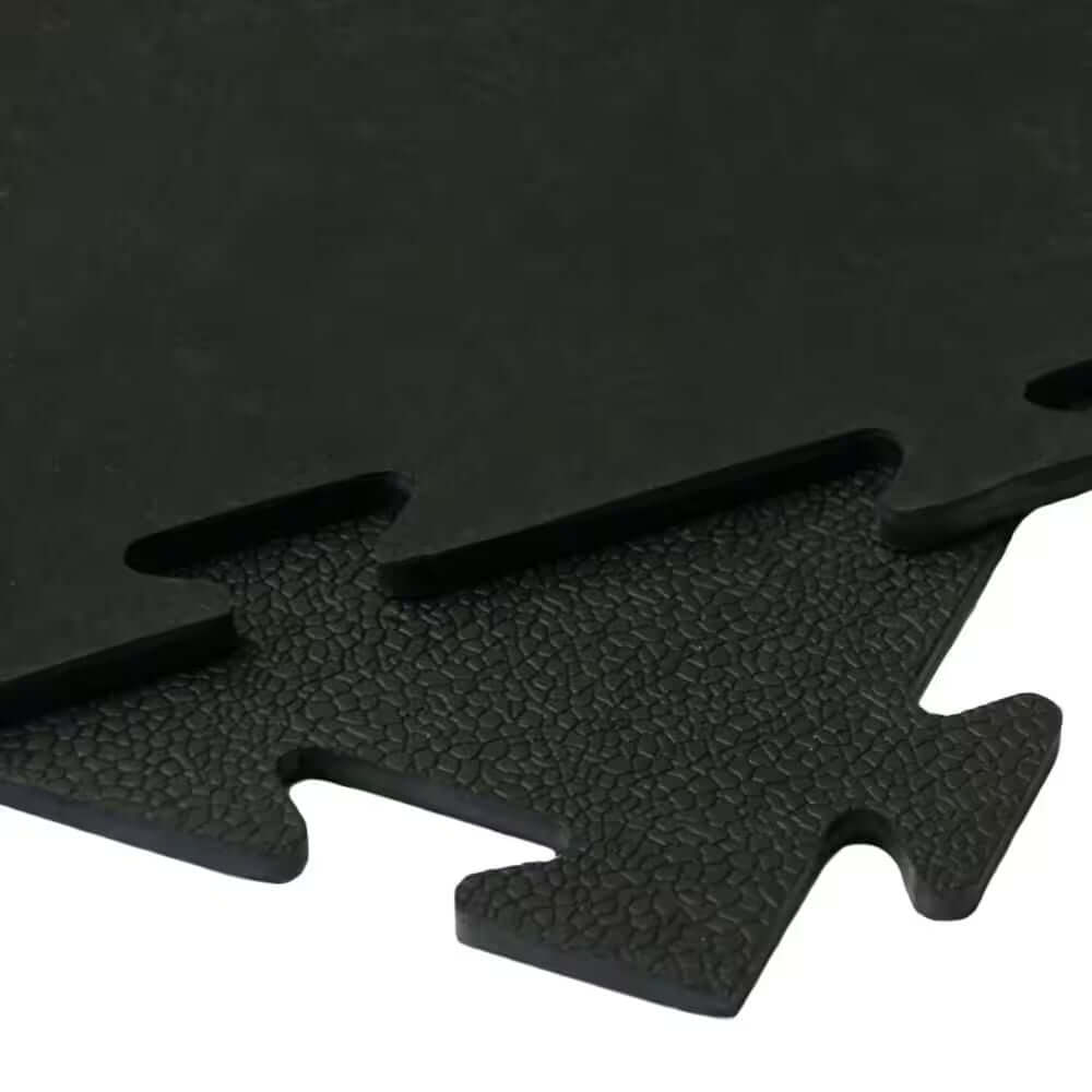 Interlocking rubber gym tiles - 3/8" thick, non-slip, shock-absorbing surface for home gyms.