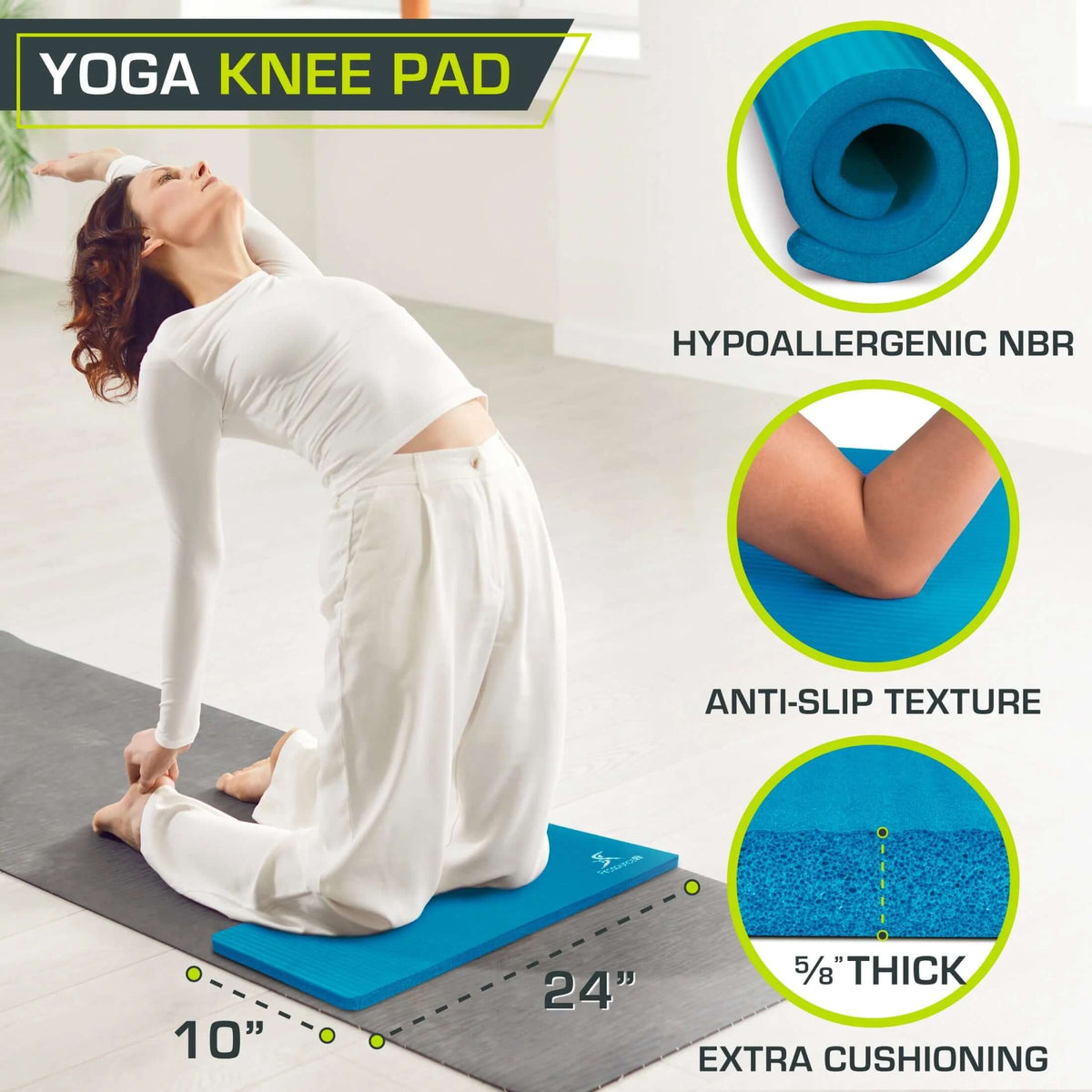High-density yoga knee pad in bright blue with non-slip texture and logo, perfect for joint protection during yoga.