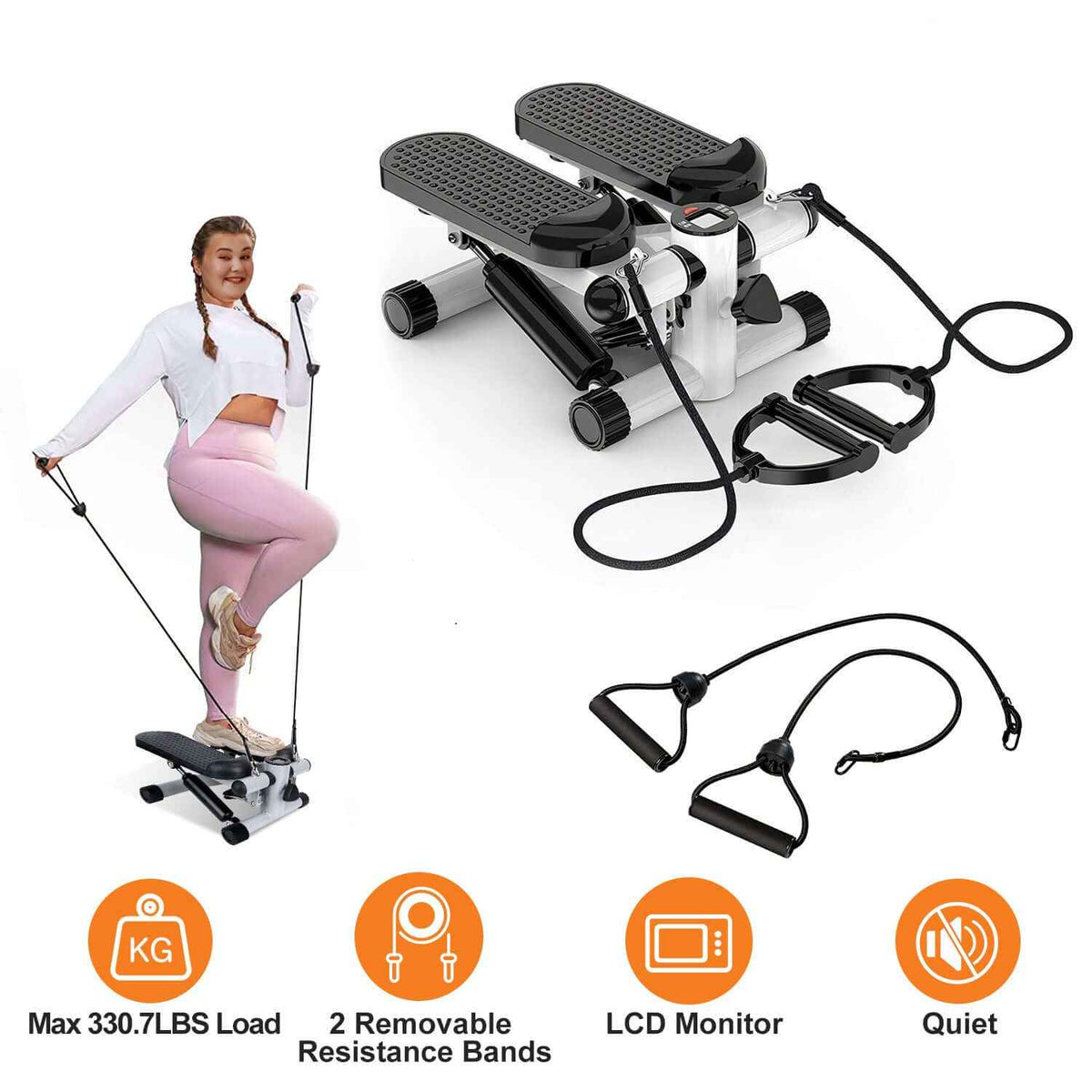 Mini Stair Stepper with Resistance Bands – LCD Monitor, Quiet, (Grey)