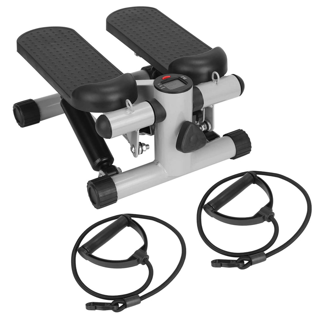 Mini stair stepper with resistance bands showcasing a user exercising, featuring LCD monitor and quiet operation.