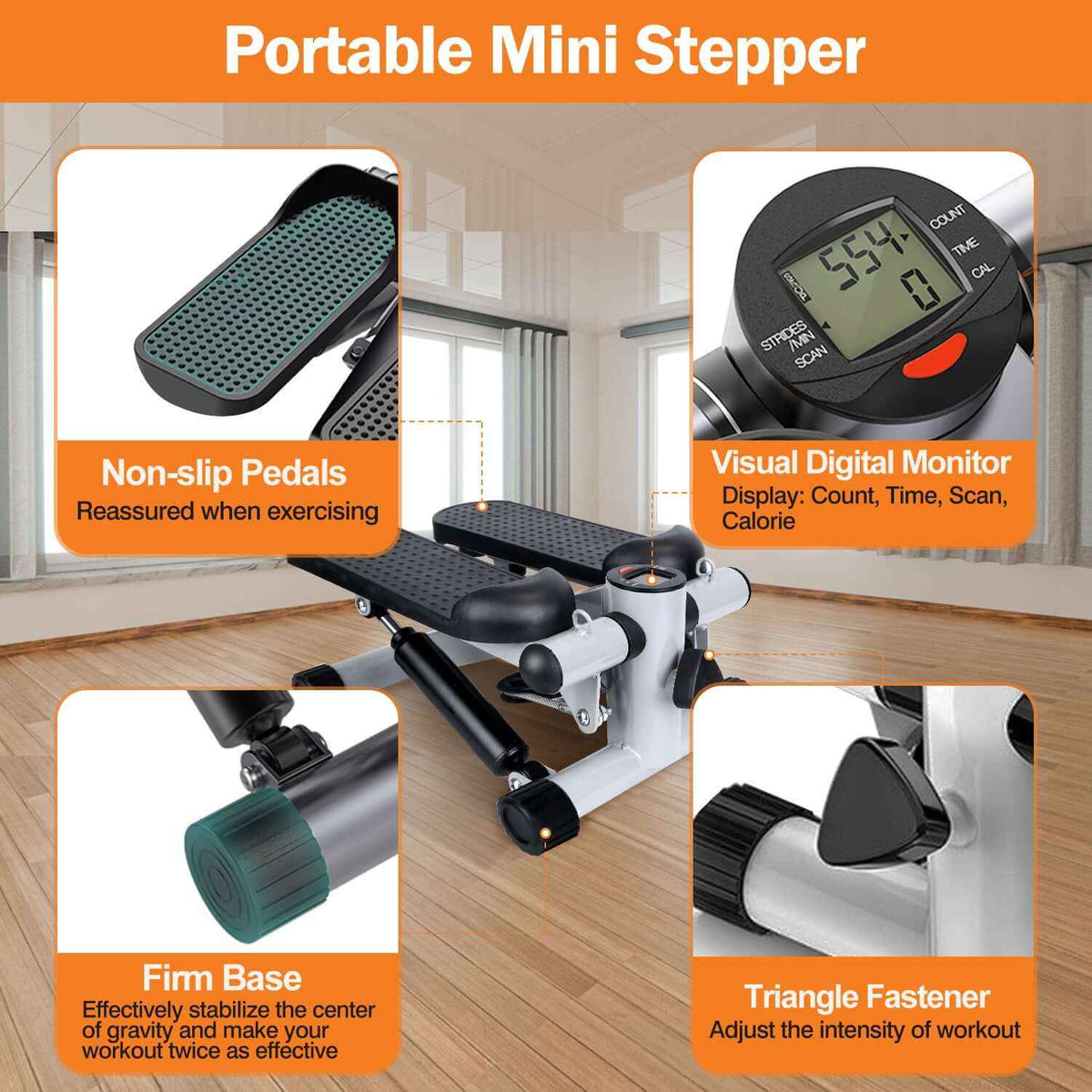 Mini Stair Stepper with Resistance Bands – LCD Monitor, Quiet, (Grey)