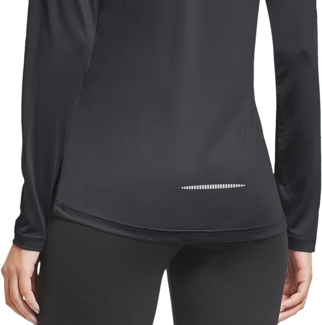 Back view of women's quick dry workout top in black, showcasing long sleeves and stylish design.Logo
