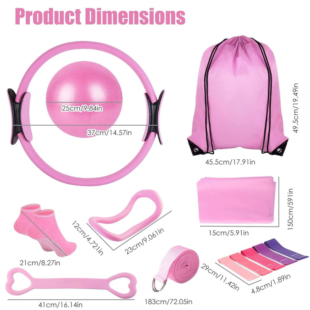 14-piece pilates kit for women featuring elastic band and yoga strap for effective workouts.