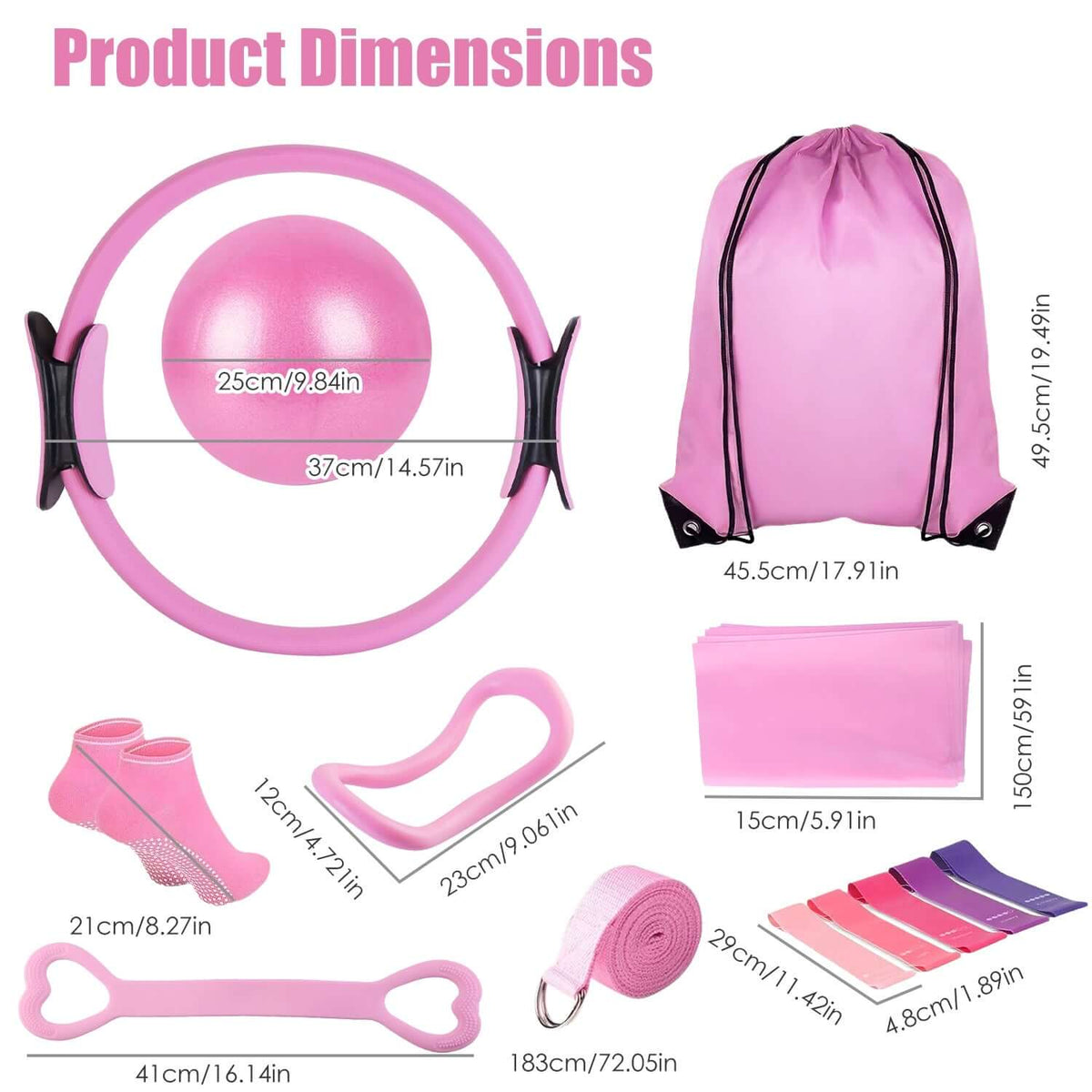 14-piece pilates kit for women featuring elastic band and yoga strap for effective workouts.