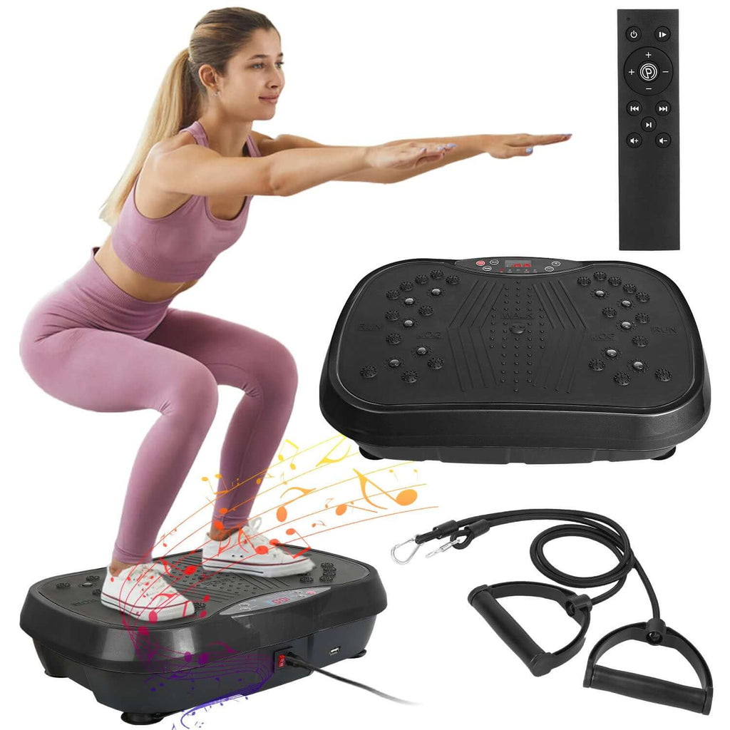 Woman using vibration exercise machine with Bluetooth, showcasing its features like LED display and resistance bands.