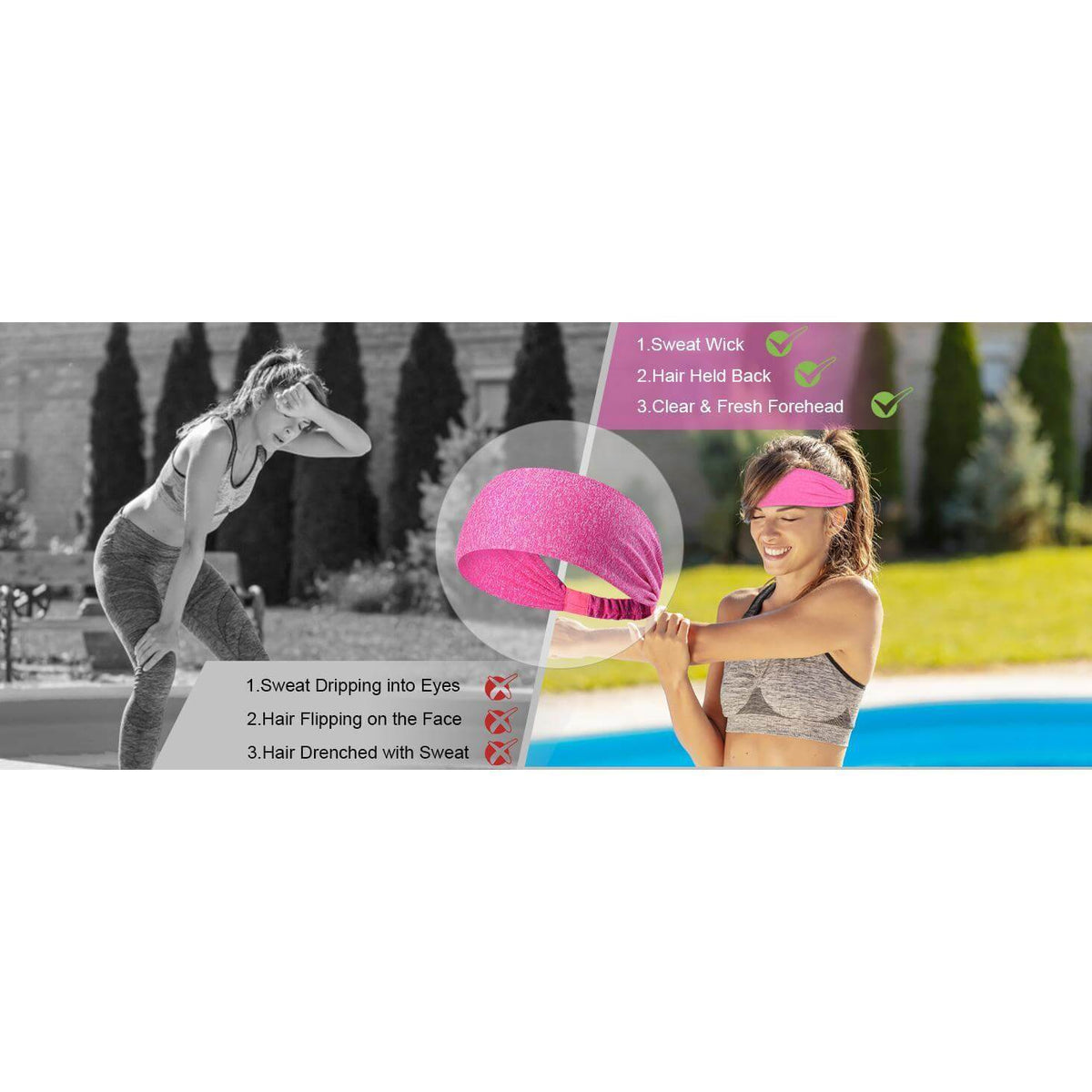 Non-slip workout headbands in various colors, worn by a woman during exercise.