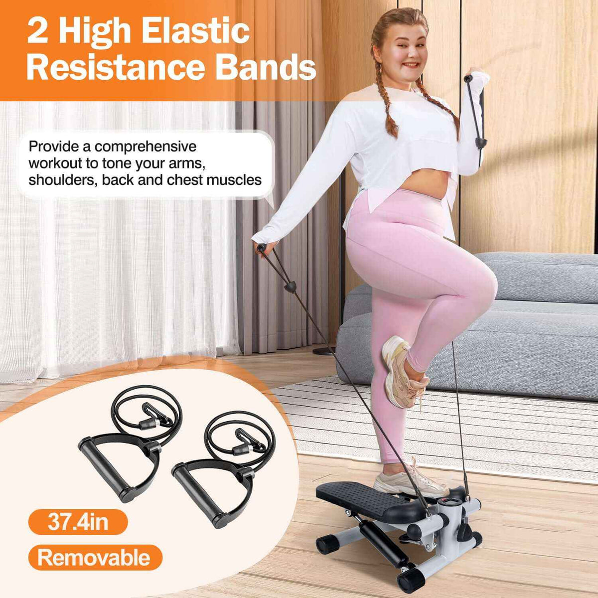 Mini Stair Stepper with Resistance Bands – LCD Monitor, Quiet, (Grey)