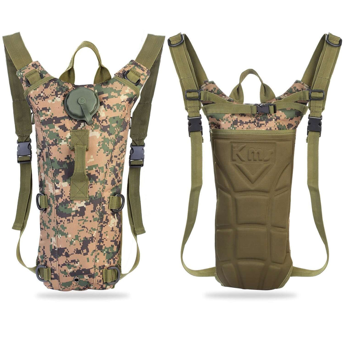 Woman running in nature, wearing a 3L tactical hydration pack for hands-free hydration during sports.