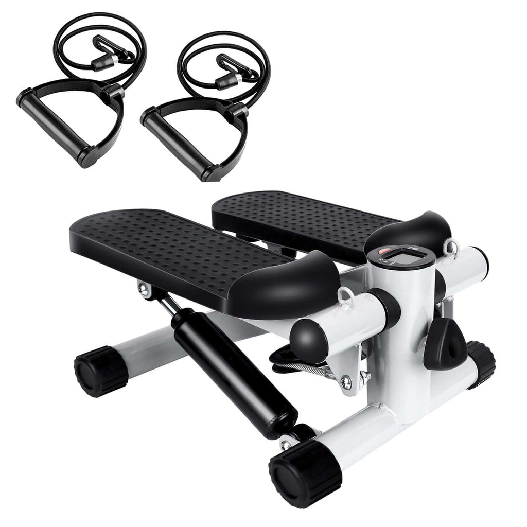 Mini stair stepper with resistance bands showcasing a user exercising, featuring LCD monitor and quiet operation.